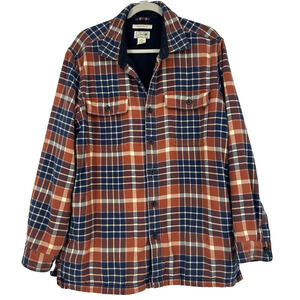 LL Bean Mens Fleece Lined Flannel Shirt Plaid Orange Blue Long Sleeve Size L